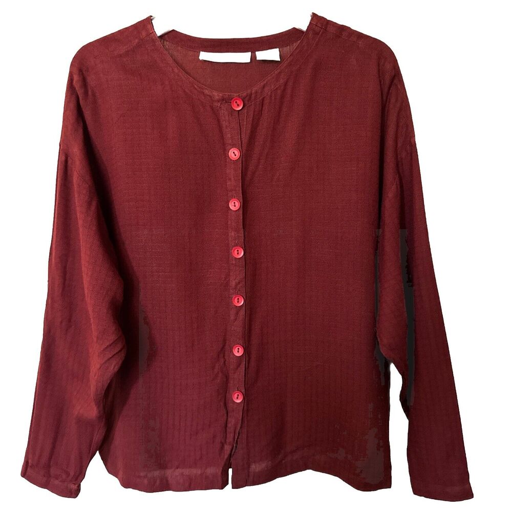Vintage 100% Silk Top Blouse Red Button Up Long Sleeve Sz S Preppy Lightweight